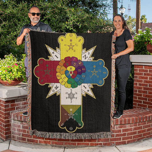 Man and woman holding up Heirloom Woven Blanket - Front view - Golden Dawn Rose Cross Lamen
